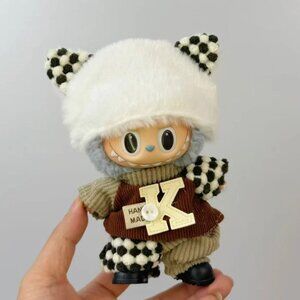 Labubu Plush Clothes Checkerboard Brown Stylish Dress Outfit– No DOLL 4 PCS